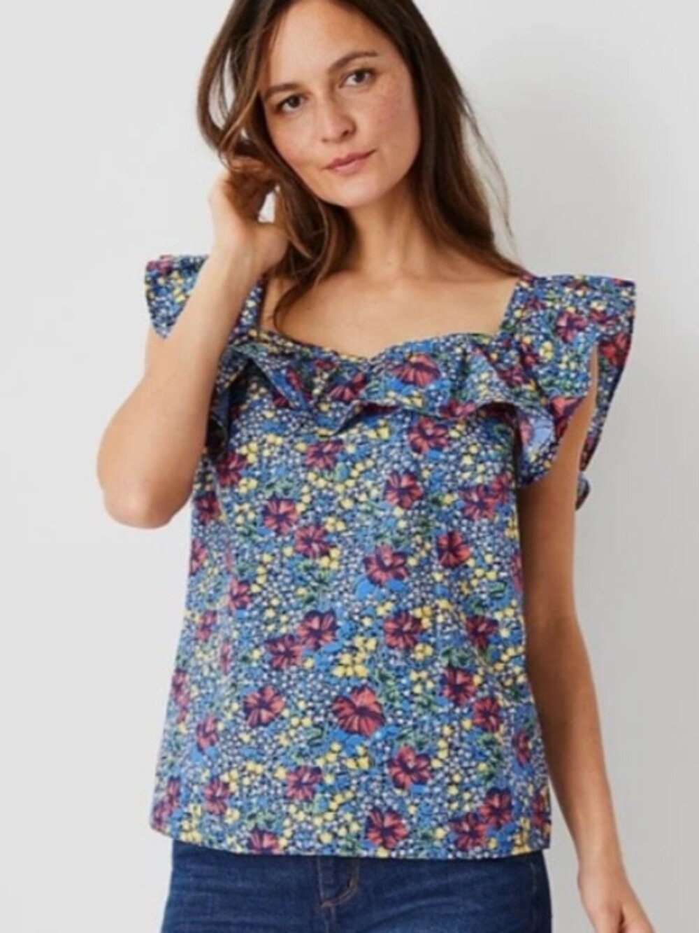 Ann Taylor Floral Blouse Women M Cotton Flutter Sleeve Ruffle Square Neck